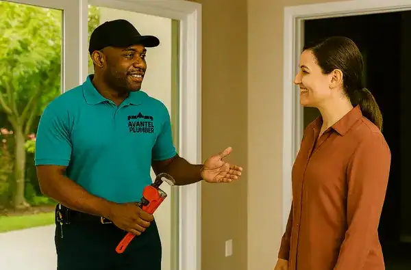 Plumber in teal uniform talking with a woman at her home.